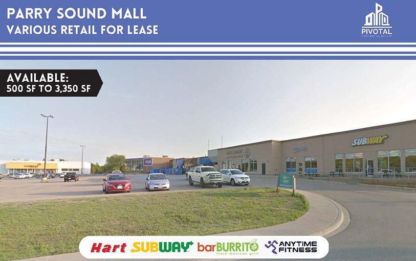 A retail space leasing sign for Parry Sound Mall, showing the building exterior, parking lot, and tenant logos.