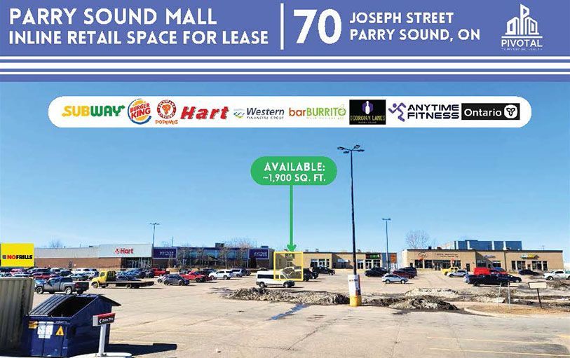 A parking lot in front of Parry Sound Mall at 70 Joseph Street, highlighting a 1,750 sq. ft. space available for lease.