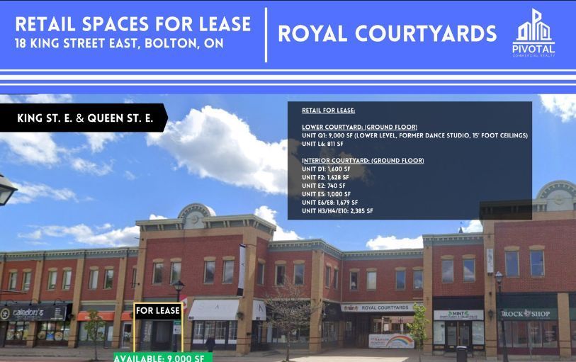 A real estate advertisement for retail space at Royal Courtyards, Bolton, featuring a photo of the two-story brick plaza.