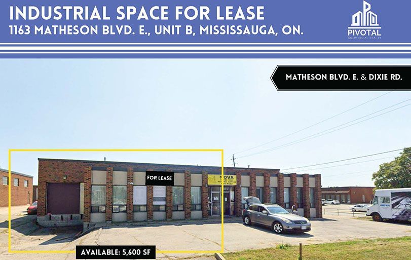 A real estate listing for industrial space at 1163 Matheson Blvd. E., Unit B, in Mississauga, featuring a brick building.