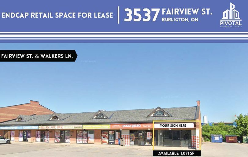 A retail strip mall at 3537 Fairview St., Burlington, ON, featuring an highlighted endcap space available for lease.