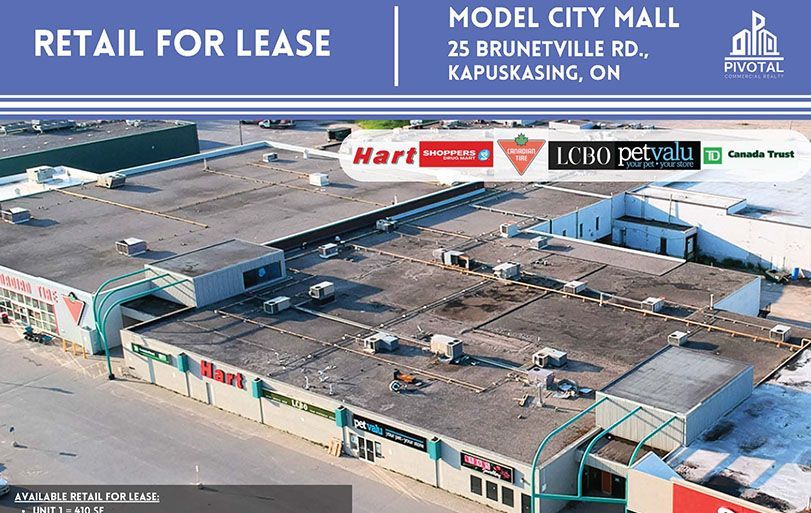 Aerial view of Model City Mall in Kapuskasing, ON, with store logos and 