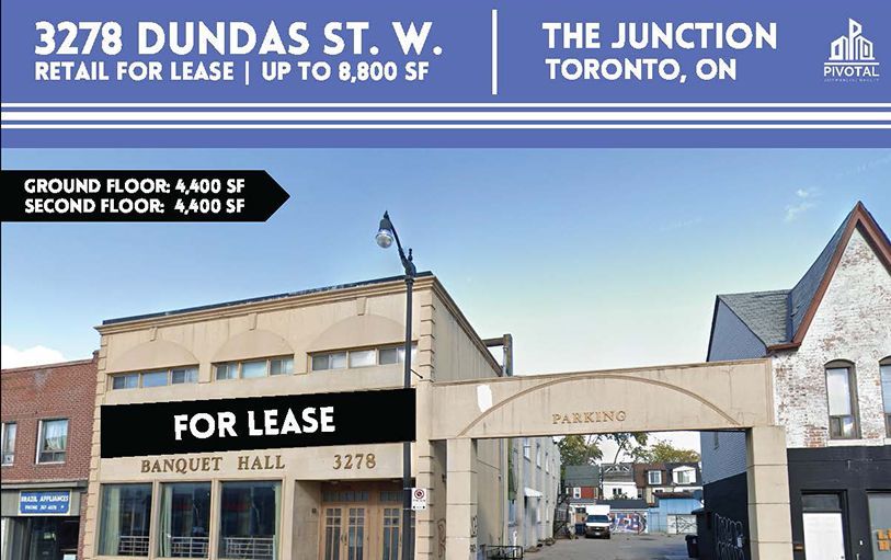 A real estate listing for a two-story building at 3278 Dundas St. W. in Toronto, totaling 8,800 SF of retail space.