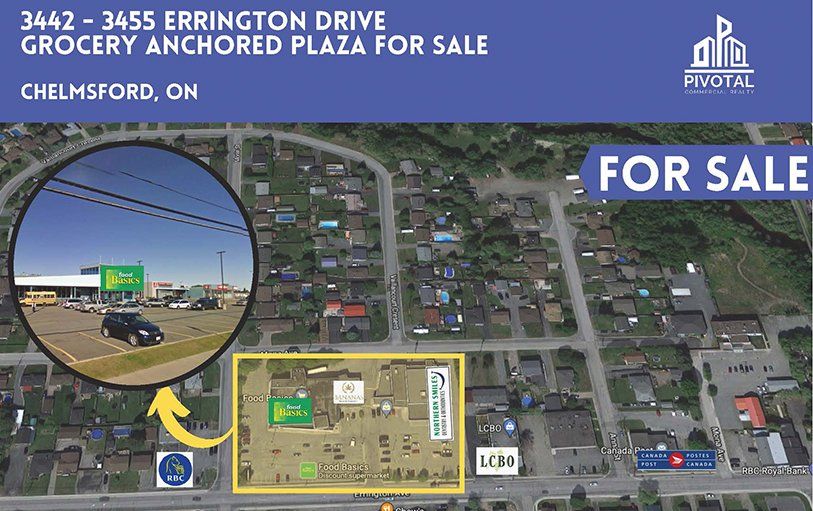 An aerial view of a grocery-anchored plaza for sale on Errington Drive in Chelmsford, ON, with an inset ground-level photo.