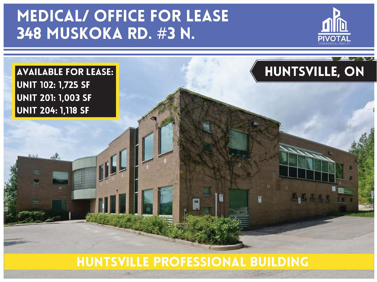 Commercial building for lease at 348 Muskoka Rd. #3 N. in Huntsville, ON, featuring available unit sizes.