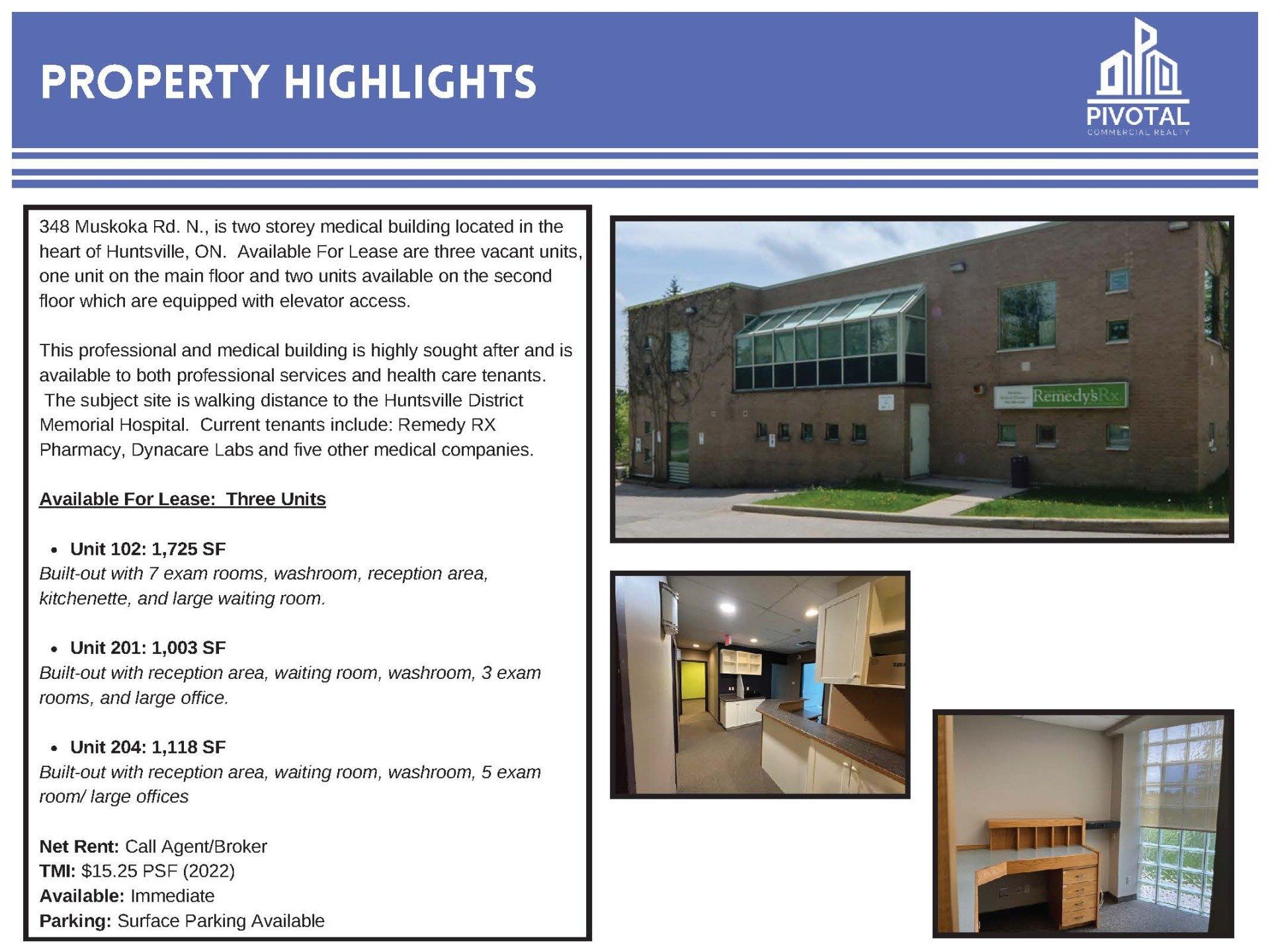 A commercial property listing with three photos of a brick building and office interiors, plus unit size details.