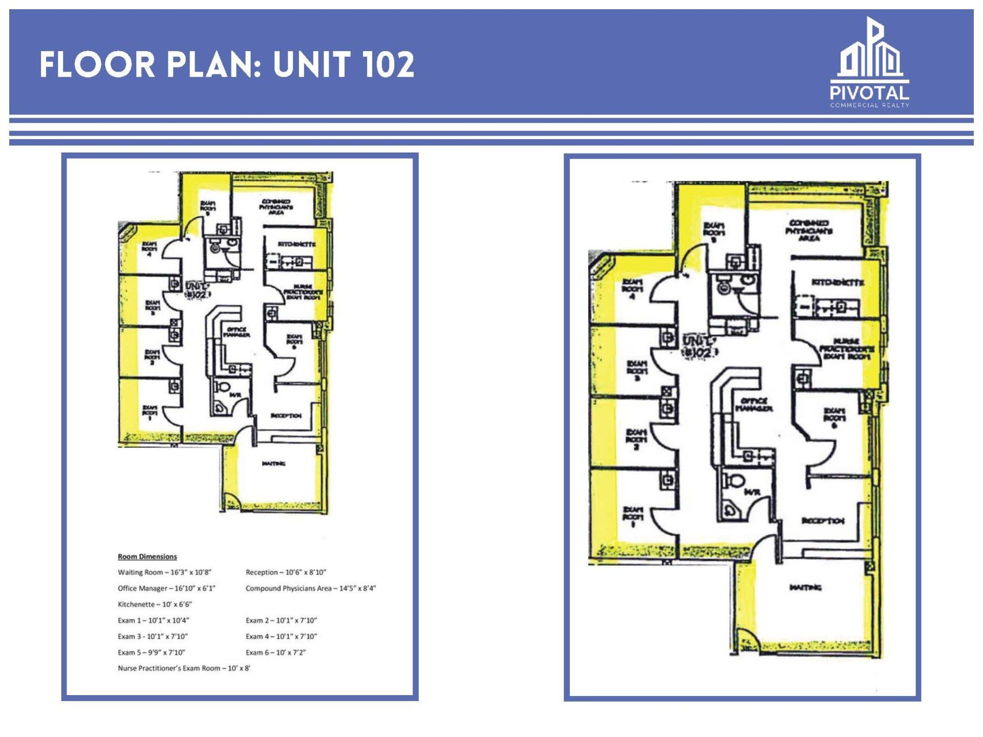 Floor plan of Unit 102 showing room layouts, labels, and dimensions on a white background with a blue header.