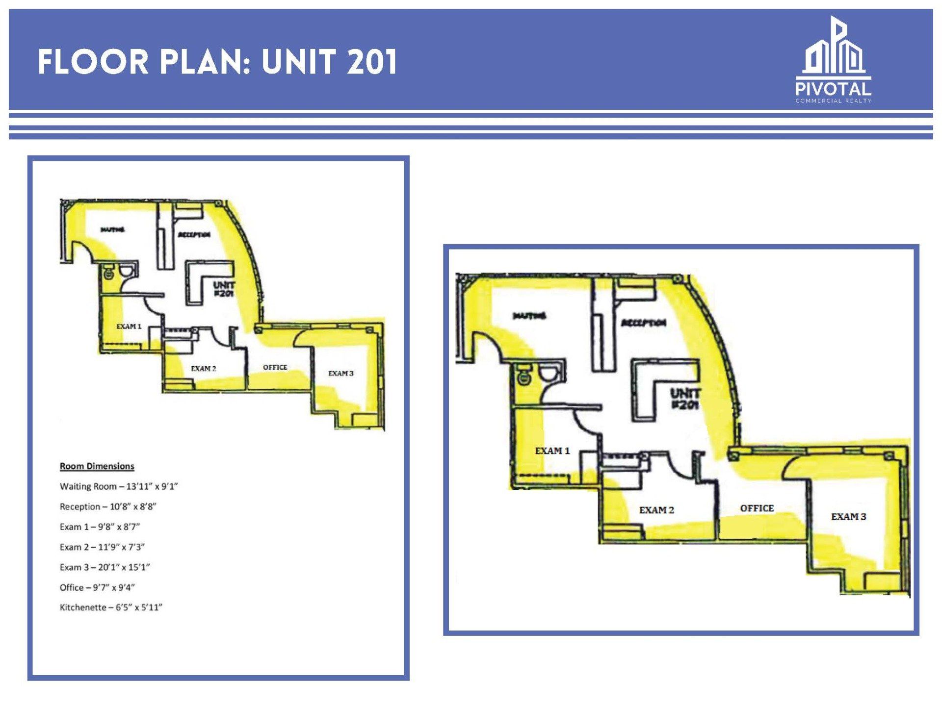 Floor plan for Unit 201 showing room layouts, labels, and dimensions in black lines on a white background with yellow highlights.