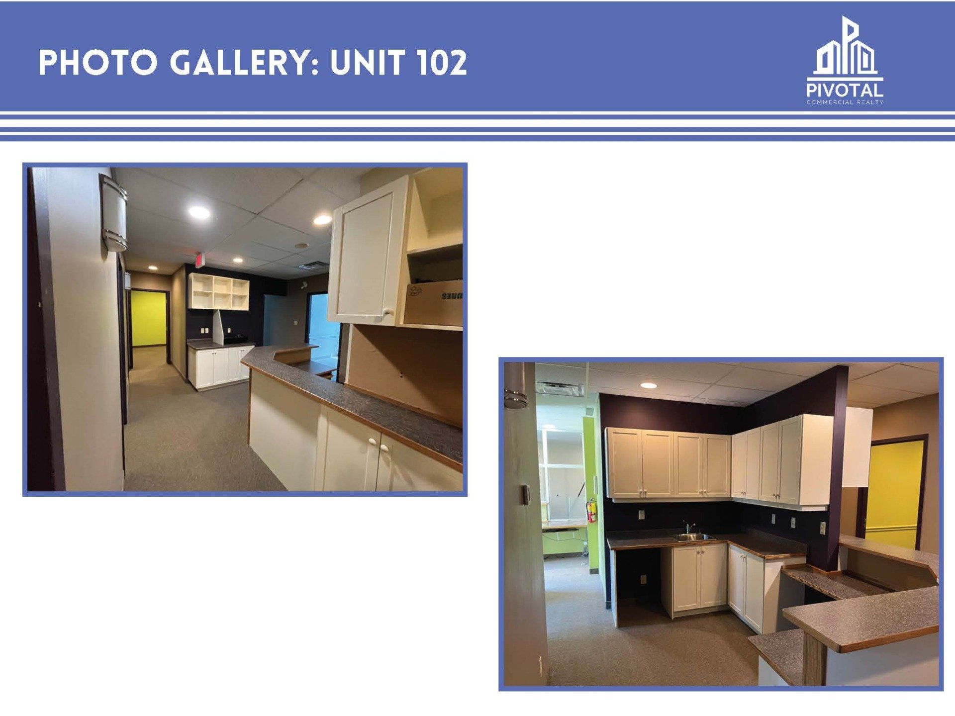 Two photos of a commercial interior office suite with a small kitchenette area featuring white cabinets and dark counters.