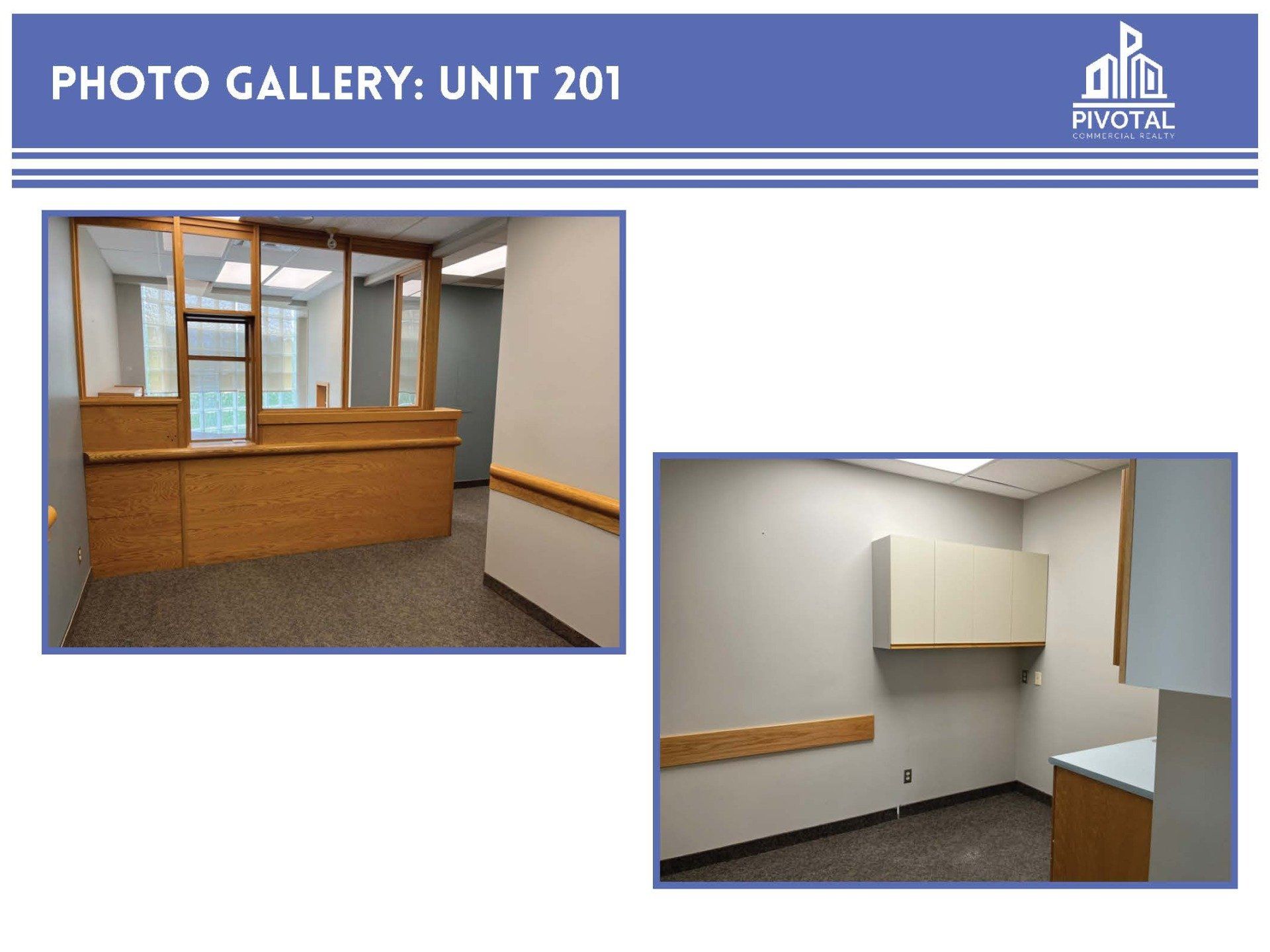 Two interior photos of office unit 201 featuring a wooden reception counter and a room with cabinets and carpeting.