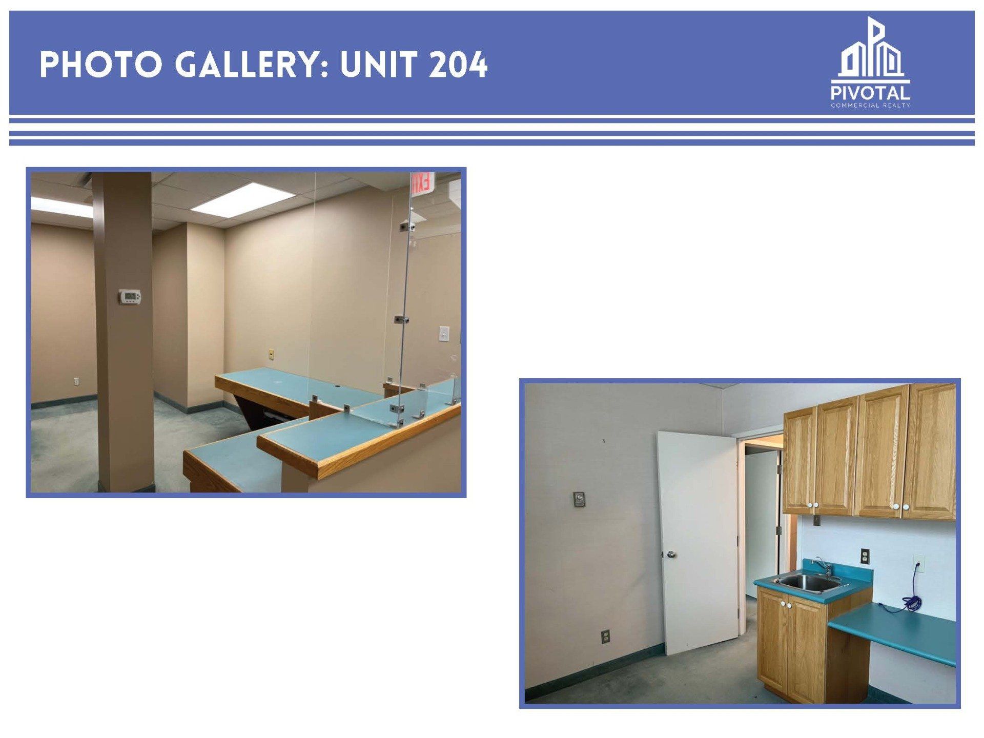 Two photos of a vacant medical office, showing an exam area with blue counters and a room with cabinets and a sink.
