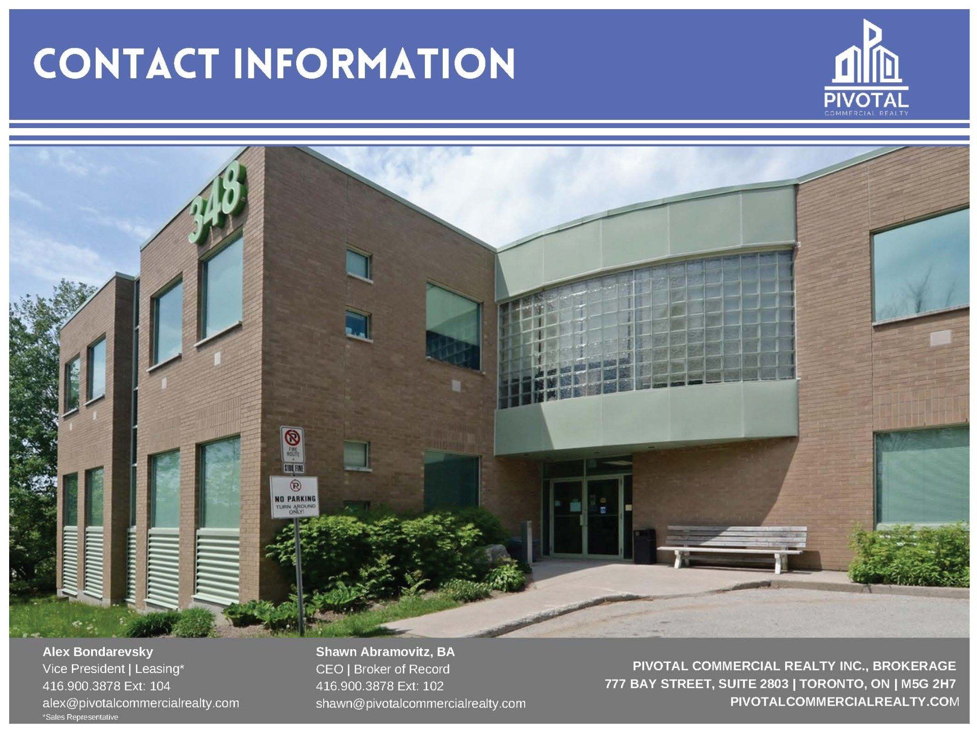 A two-story brick office building at 348 Bay Street, labeled with contact information for Pivotal Commercial Realty Inc.