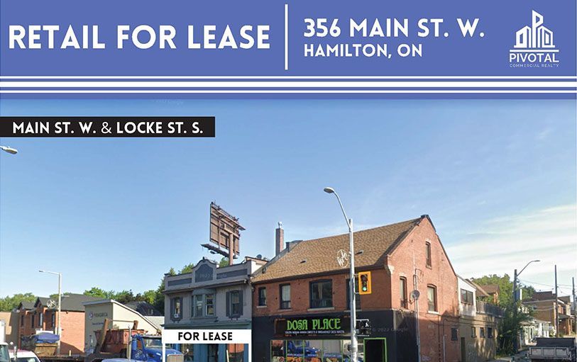 A commercial real estate sign for retail space at 356 Main St. W. in Hamilton, showing the brick building exterior.
