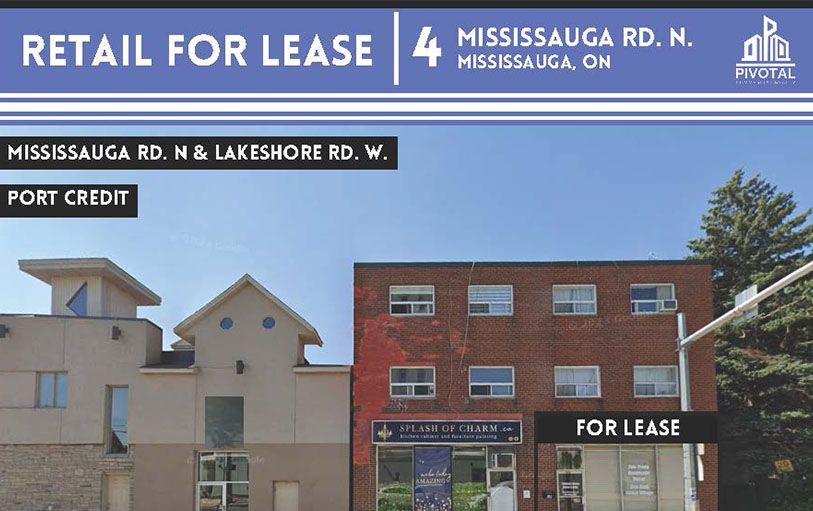 A real estate flyer for a retail space at 4 Mississauga Rd. N. in Port Credit, showing two buildings against a blue sky.