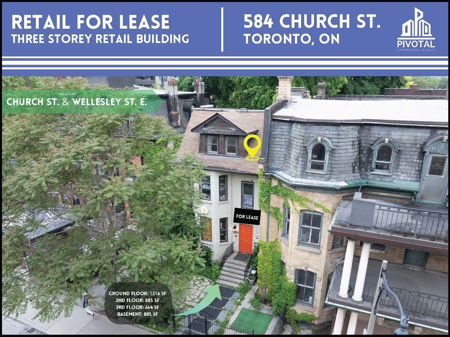 Real estate flyer for a three-storey retail building at 584 Church St. in Toronto, highlighting a ground floor vacancy.