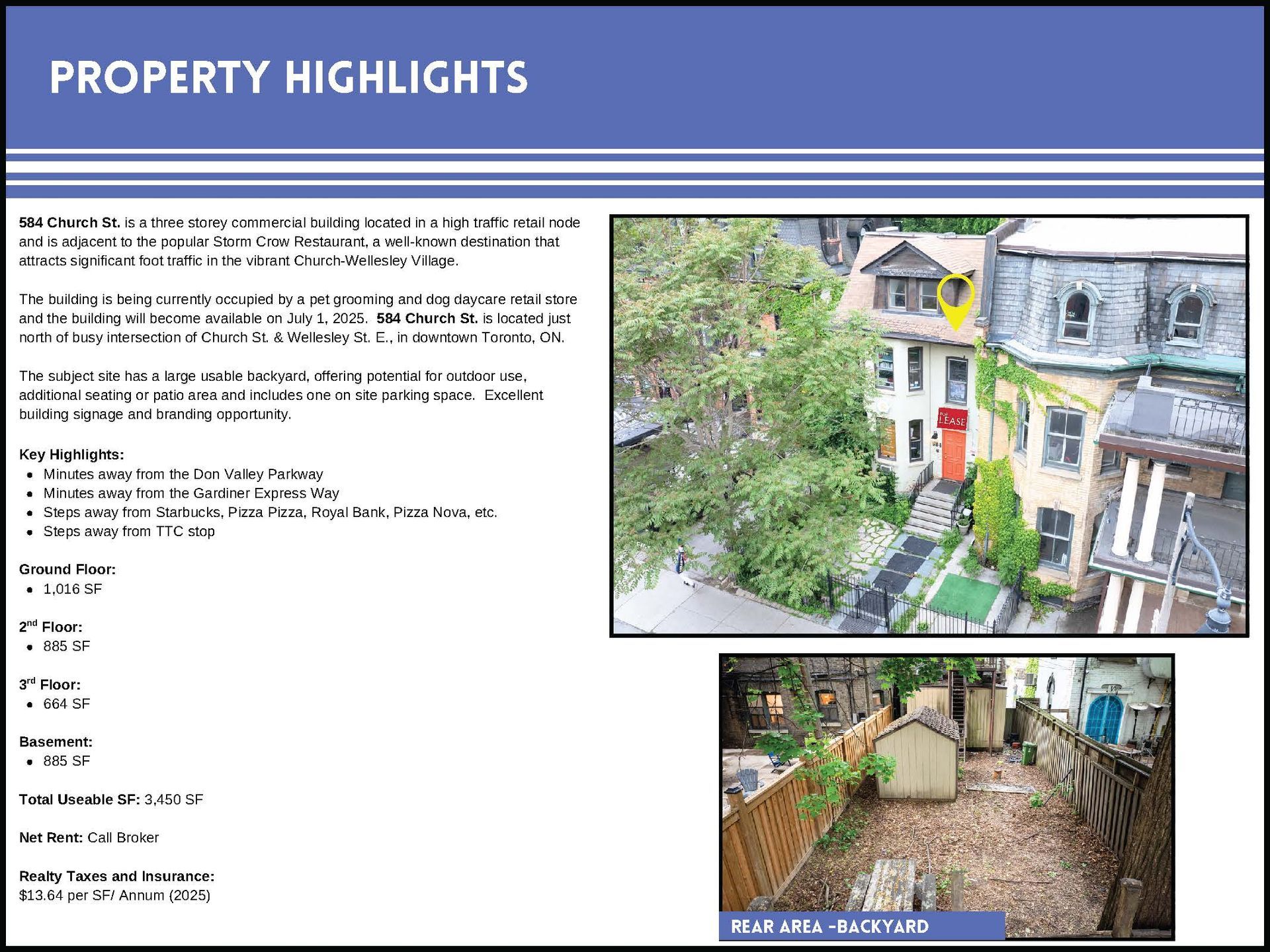 A real estate flyer titled Property Highlights, featuring text details, a photo of a three-story house, and a backyard area.