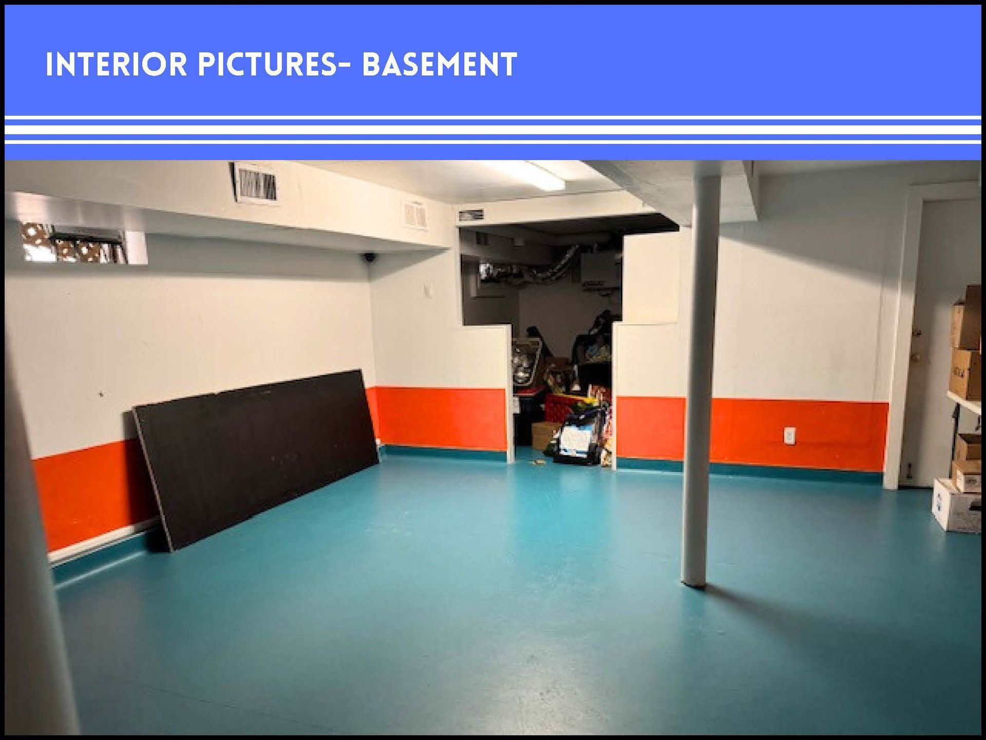 Basement room with turquoise floor, orange wall accents, a dark standing panel, and a structural column.