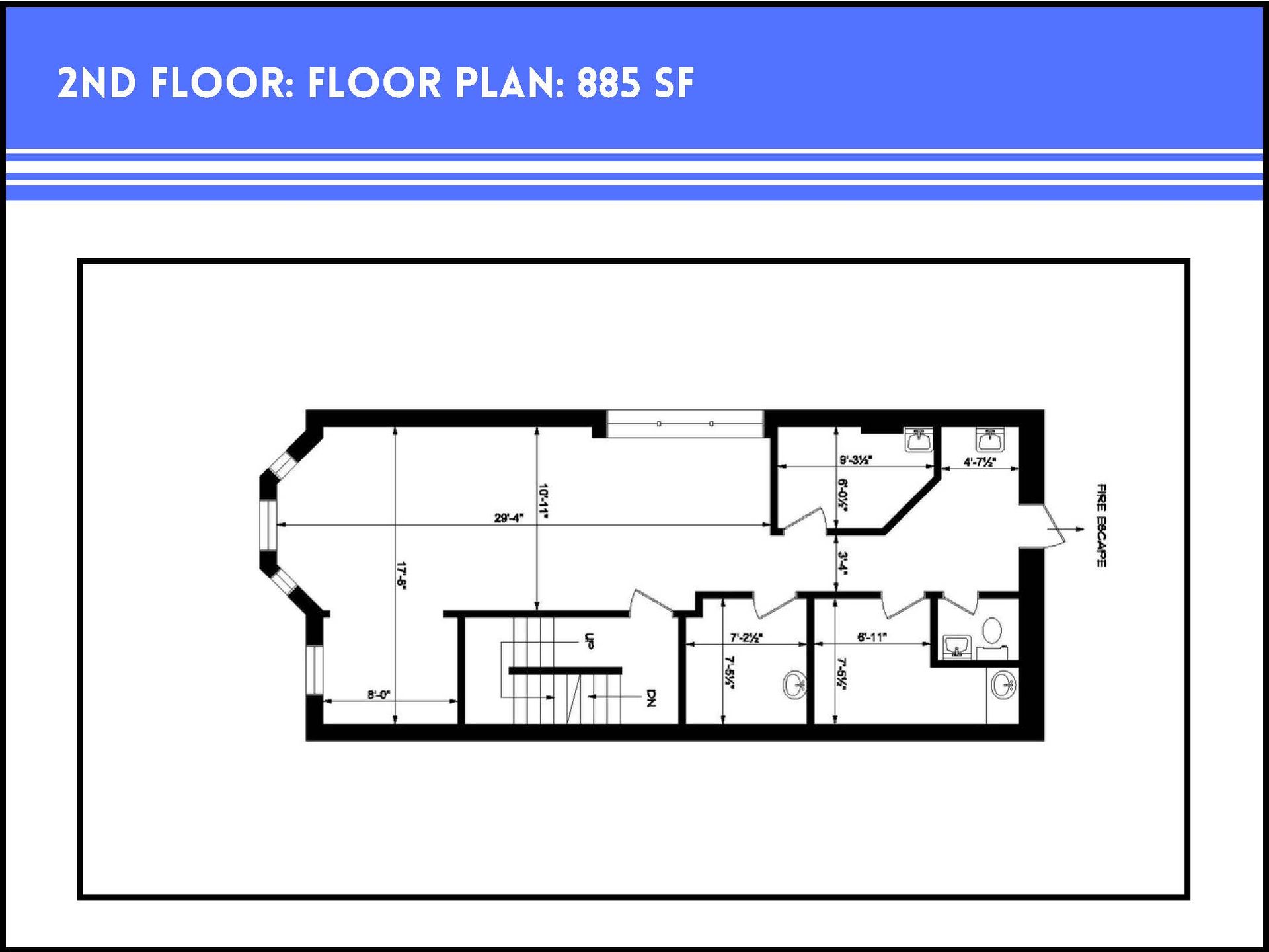 2D floor plan for a 885 square foot second floor featuring several rooms, a staircase, and architectural dimensions.