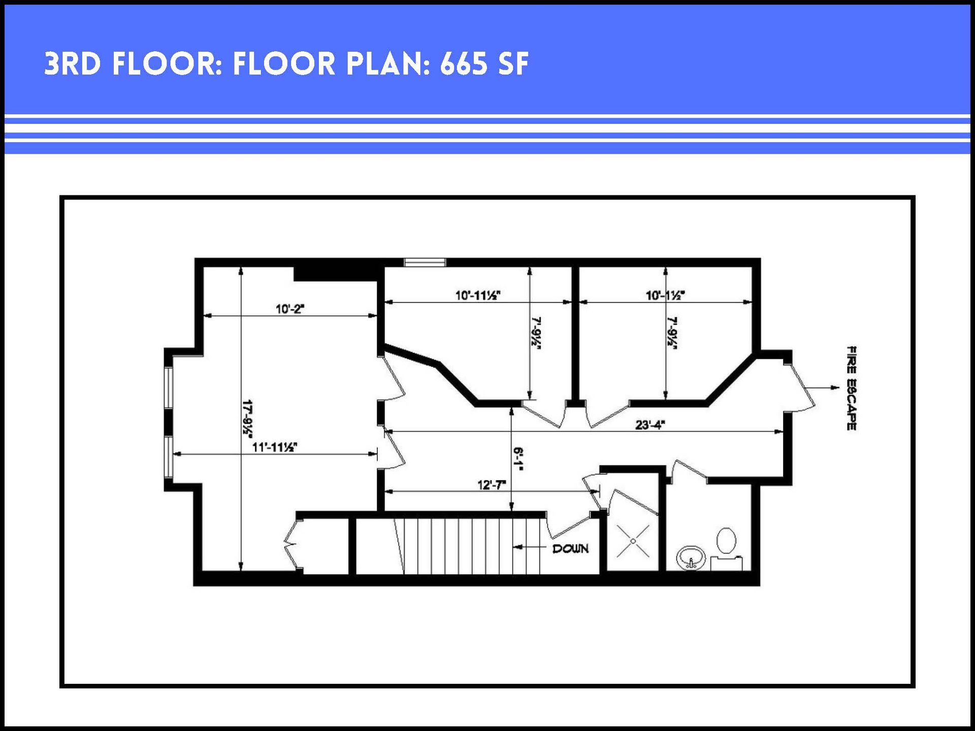 A floor plan of a 665 square foot third-floor apartment featuring bedrooms, a living area, stairs, and a fire escape.