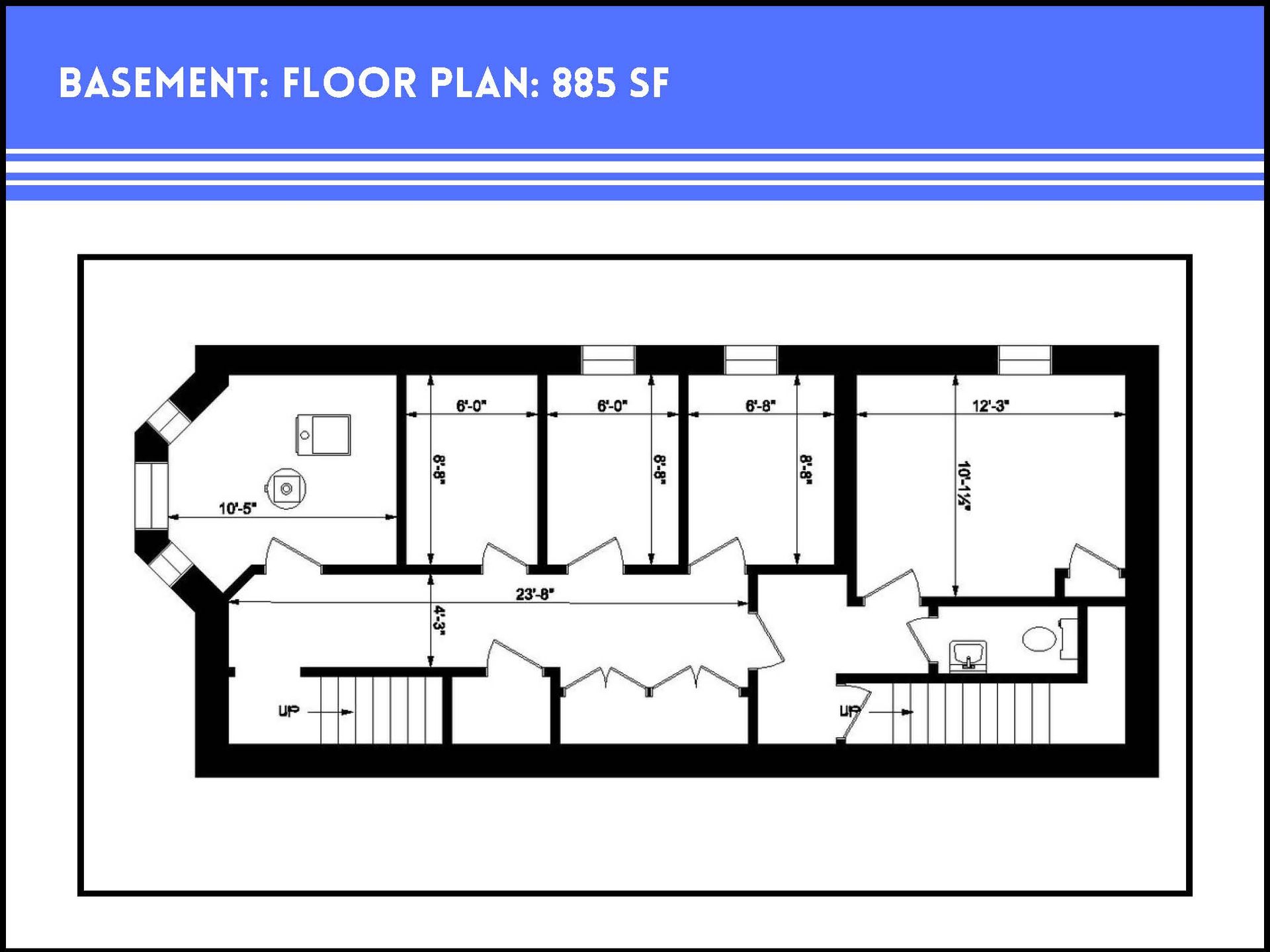 Black and white basement floor plan labeled 885 square feet, showing room layouts, dimensions, and two staircases.