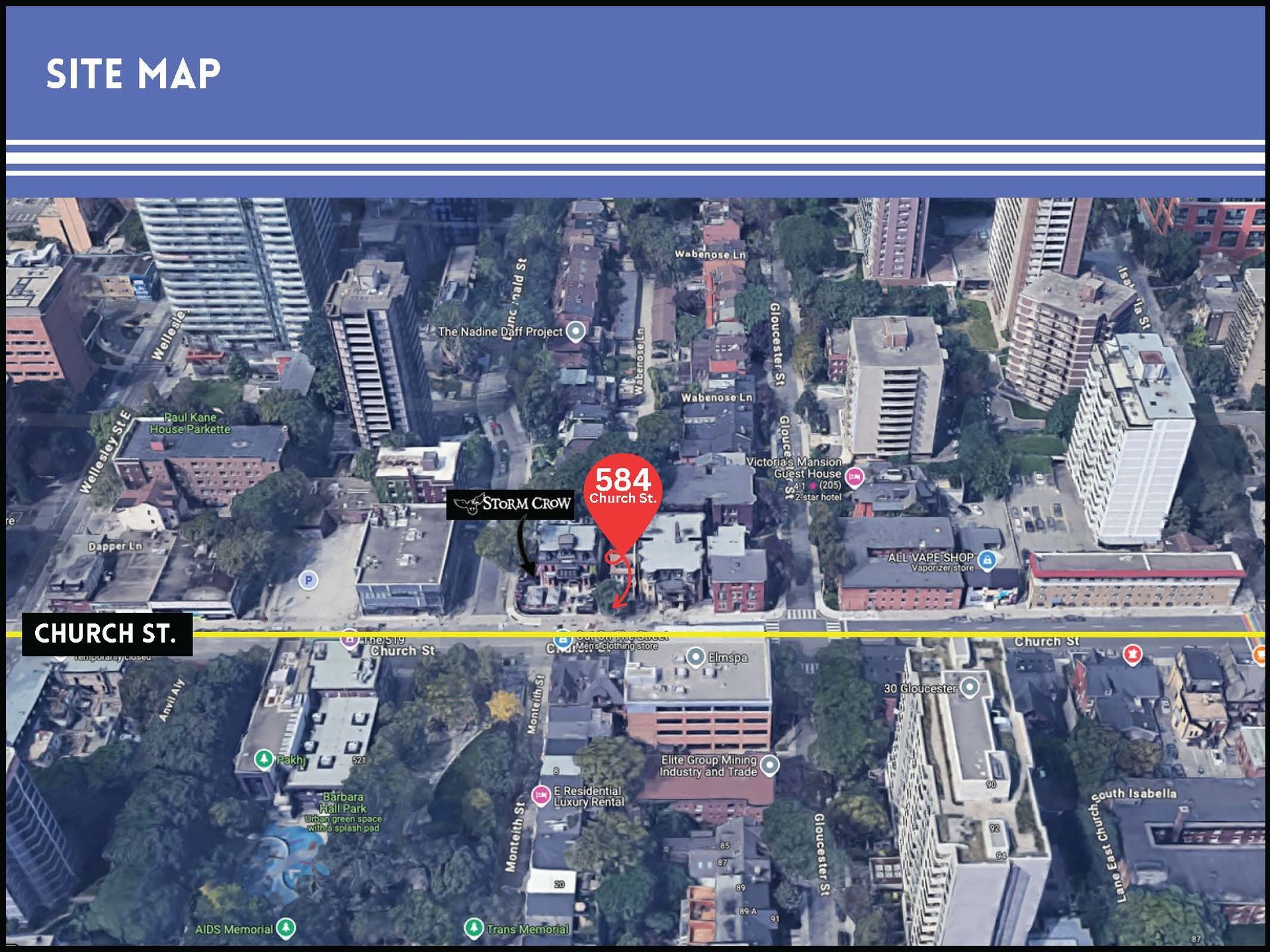 A site map showing an aerial view of 584 Church Street, highlighted by a red pin on a city block with surrounding buildings.