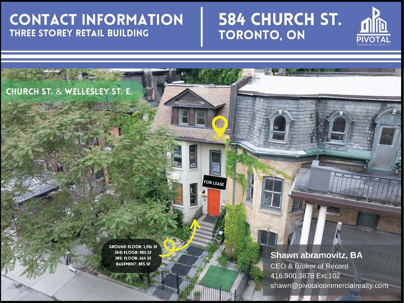 A real estate flyer for 584 Church St., Toronto, showing a three-storey brick building with an orange door and street view.