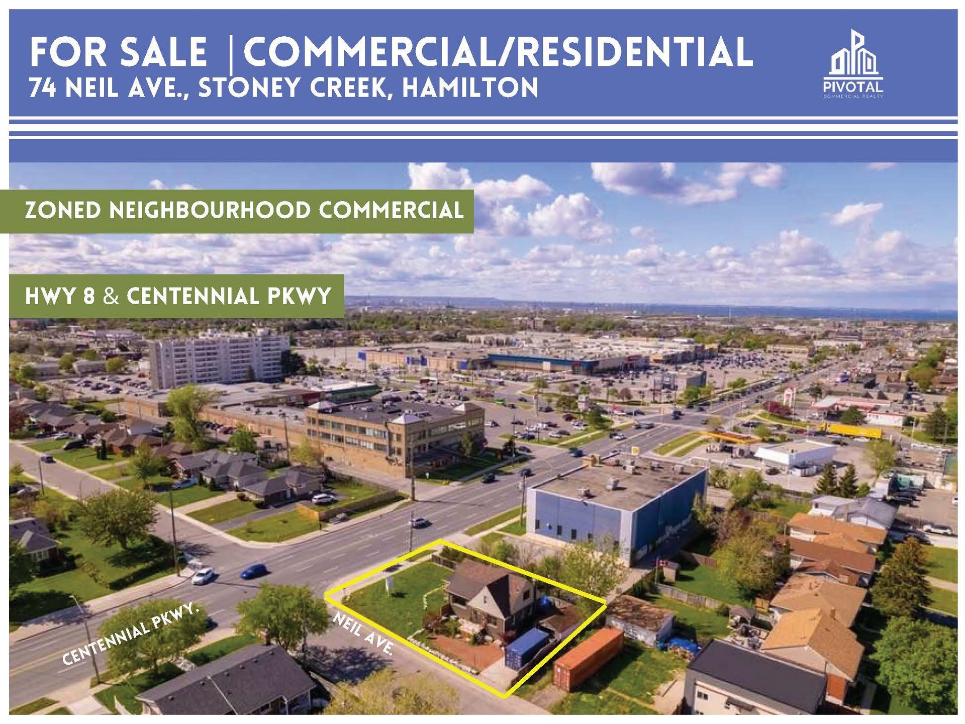Real estate flyer for 74 Neil Ave, Hamilton, showing an aerial view of a property outlined in yellow near major roads.