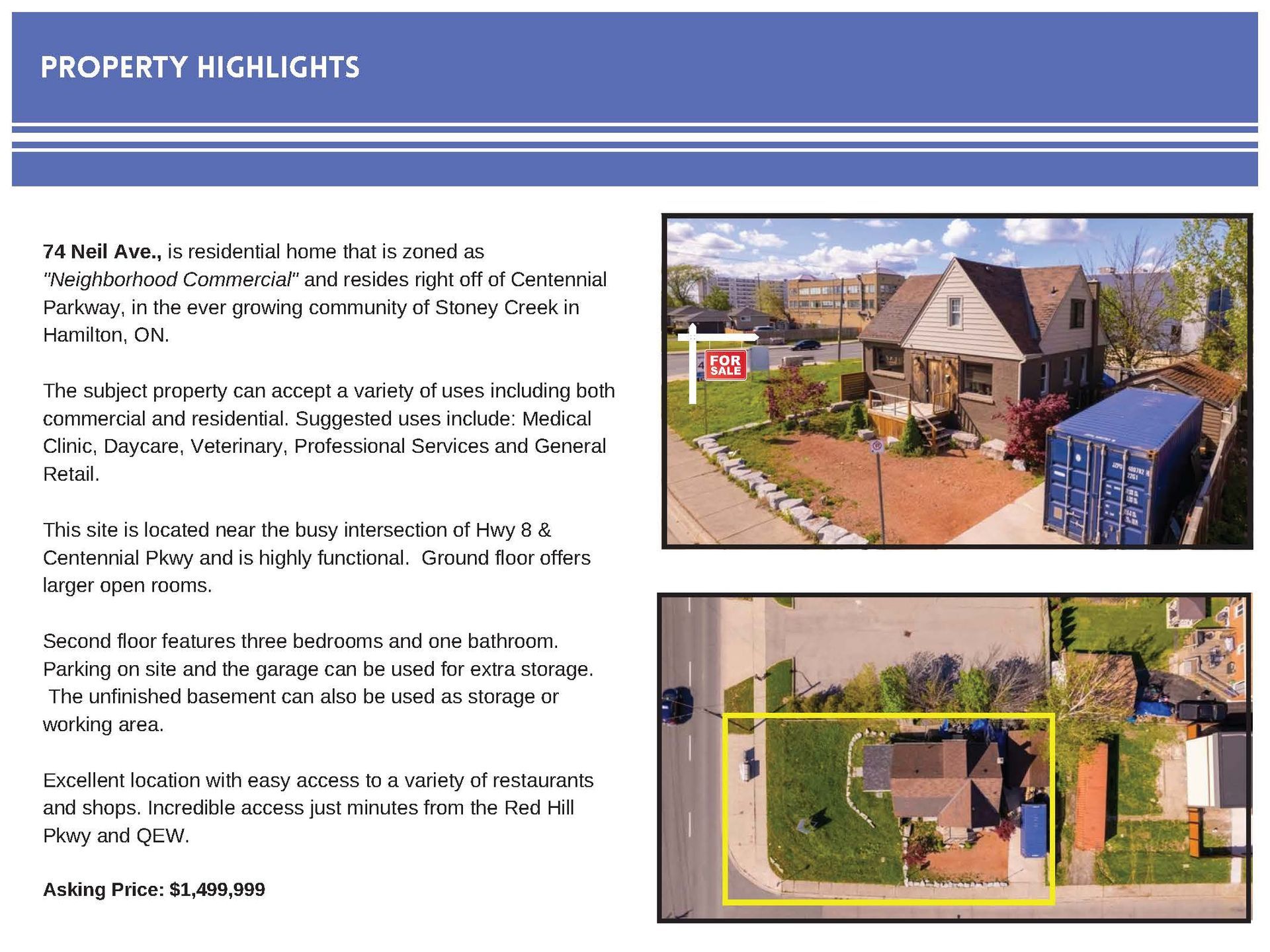 A property listing for 74 Park Ave in Surrey Creek, featuring text highlights, a home photo, and an aerial lot view.