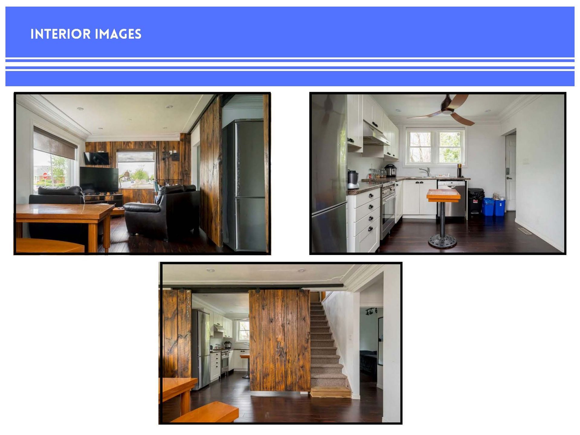 Three interior photos showing a living room, kitchen, and a wooden sliding door leading to a staircase.