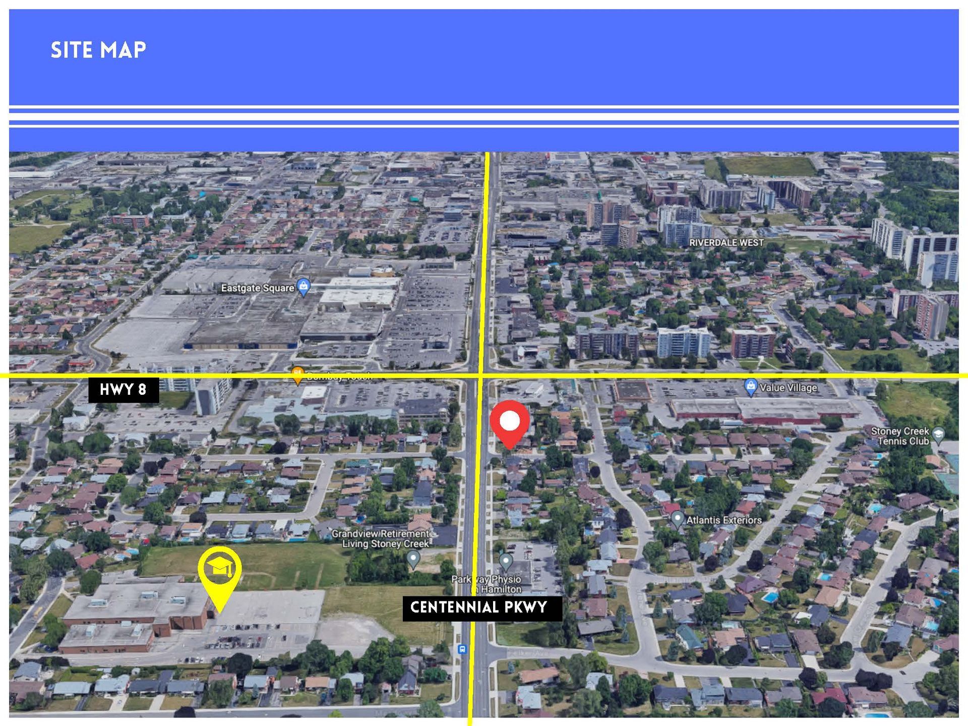 Aerial map showing an urban neighborhood with a yellow marker on a school and a red marker on a nearby property.