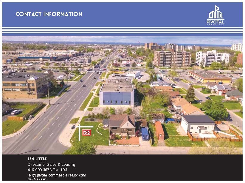 Aerial view of a commercial property with a for sale sign and contact info for Pivotal Commercial Realty at the bottom.
