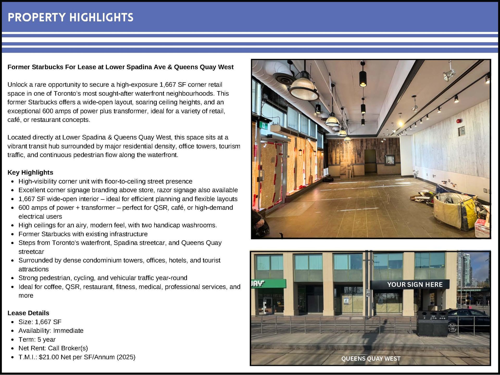 A flyer for a commercial real estate listing at Lower Spadina Ave & Queen’s Quay West, showing an empty retail space.