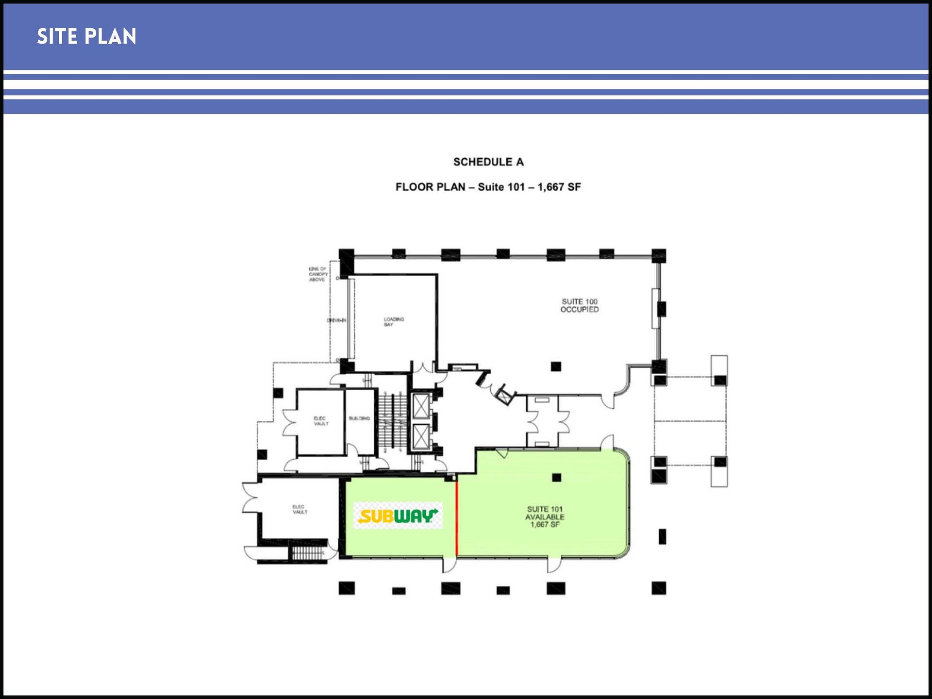 A site plan showing the floor layout of Suite 101, with the Subway restaurant highlighted in green.