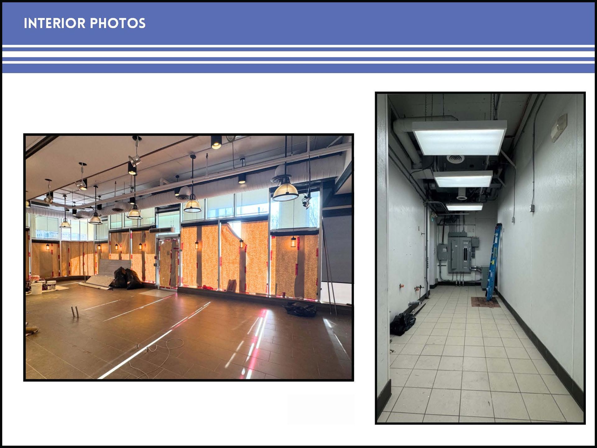 Two interior photos show a spacious room with large windows covered by boards and a brightly lit, empty tiled hallway.