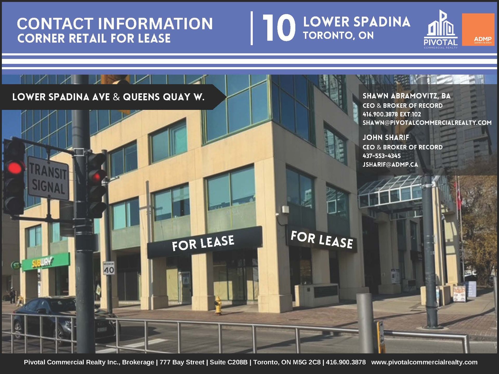 Real estate listing for corner retail space at 10 Lower Spadina, Toronto, featuring a photo of the building exterior.