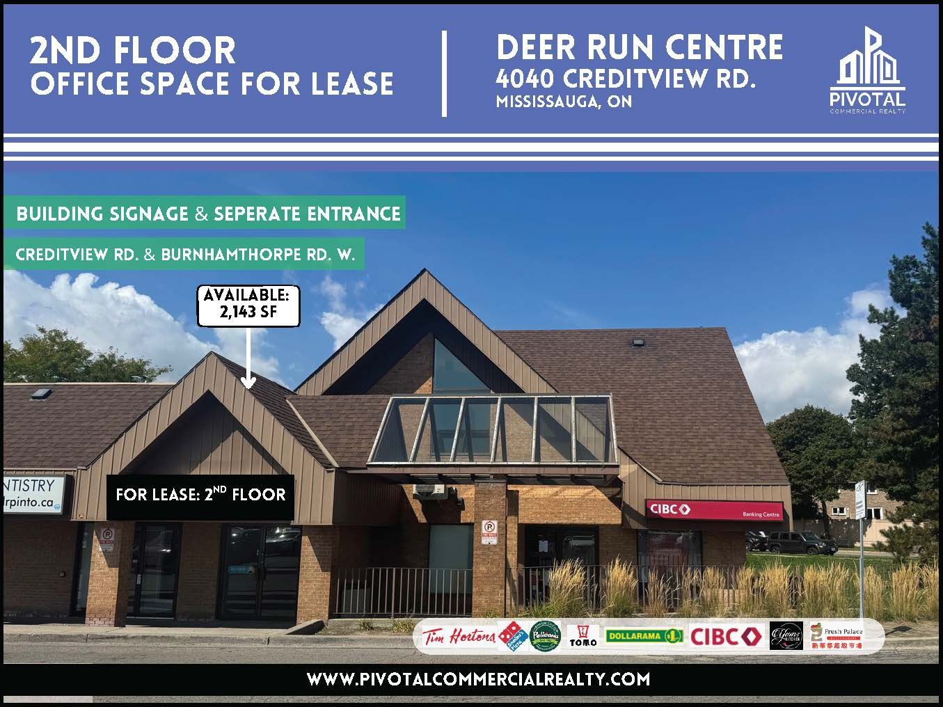 Commercial real estate listing for a 2,143 sq. ft. second-floor office space at Deer Run Centre in Mississauga, ON.