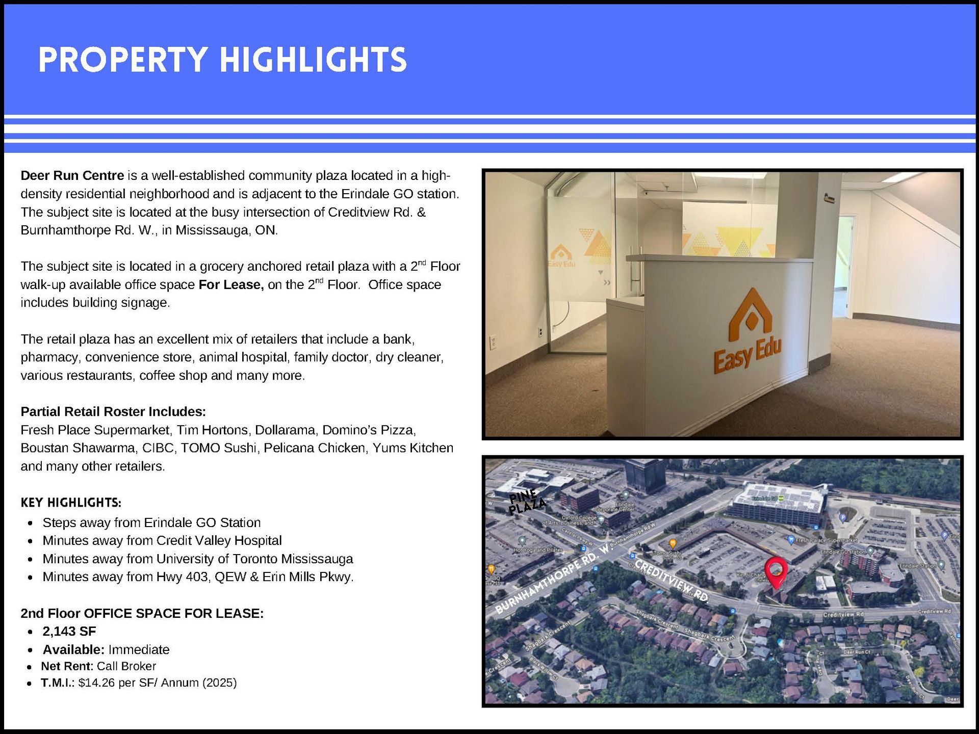 Property highlights flyer featuring an office interior, aerial location view, and lists of amenities and lease details.