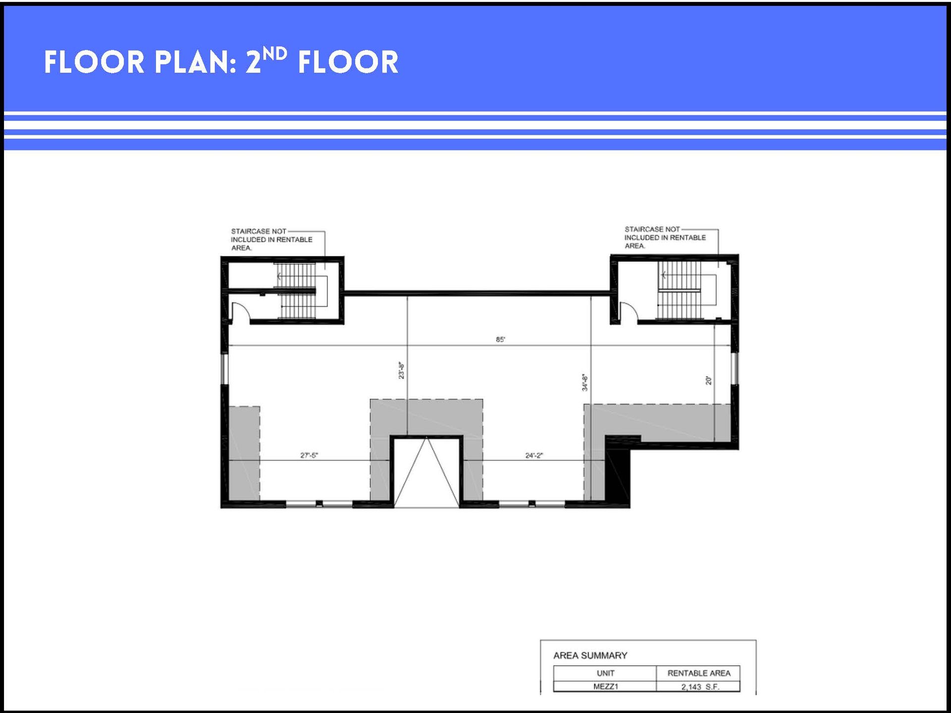 Floor plan of a rectangular 2nd-floor building layout with stairwells at both ends and a central cut-out area.