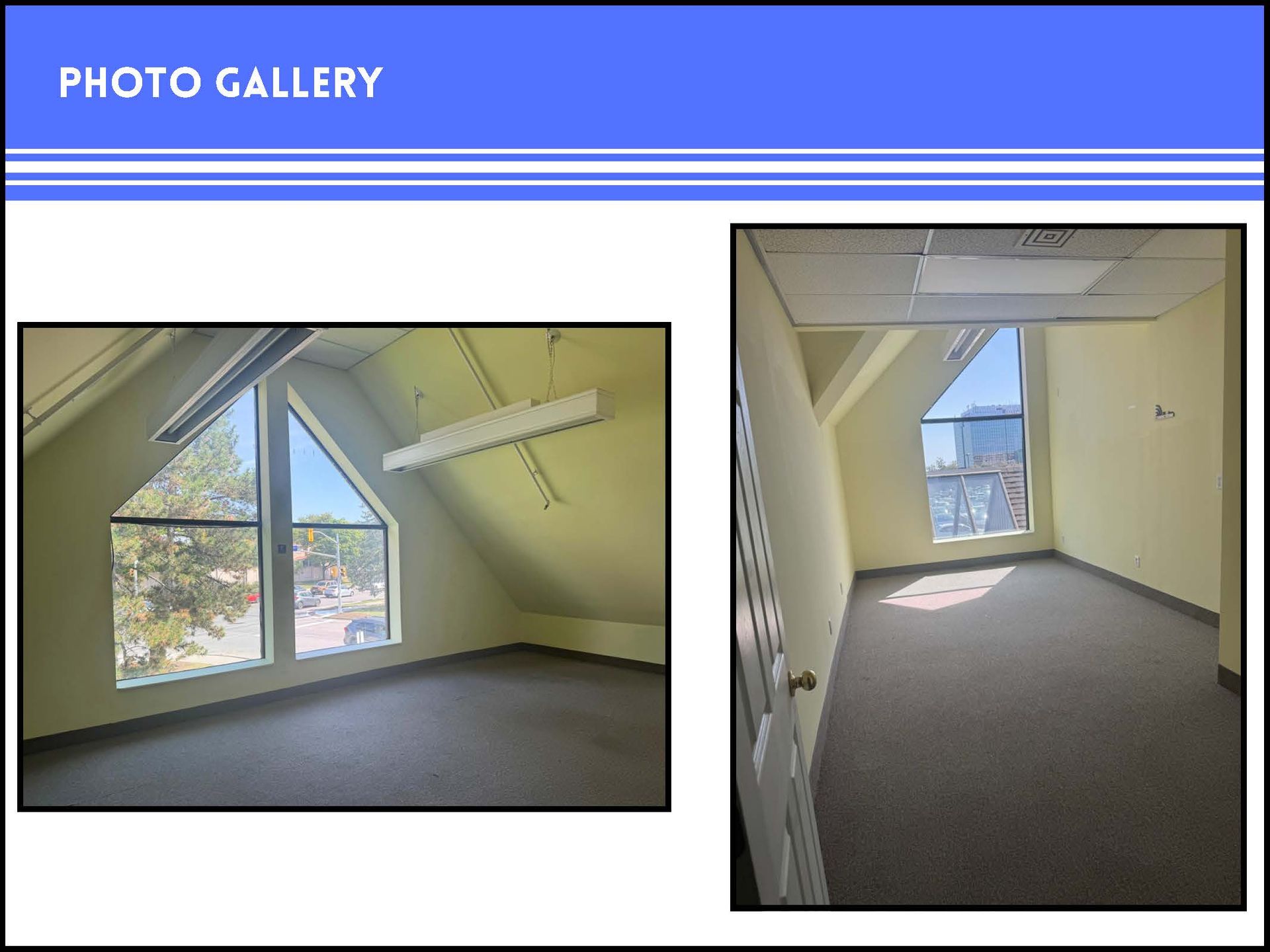 Two photos of a vacant office space with light yellow walls, grey carpet, and large angled windows.