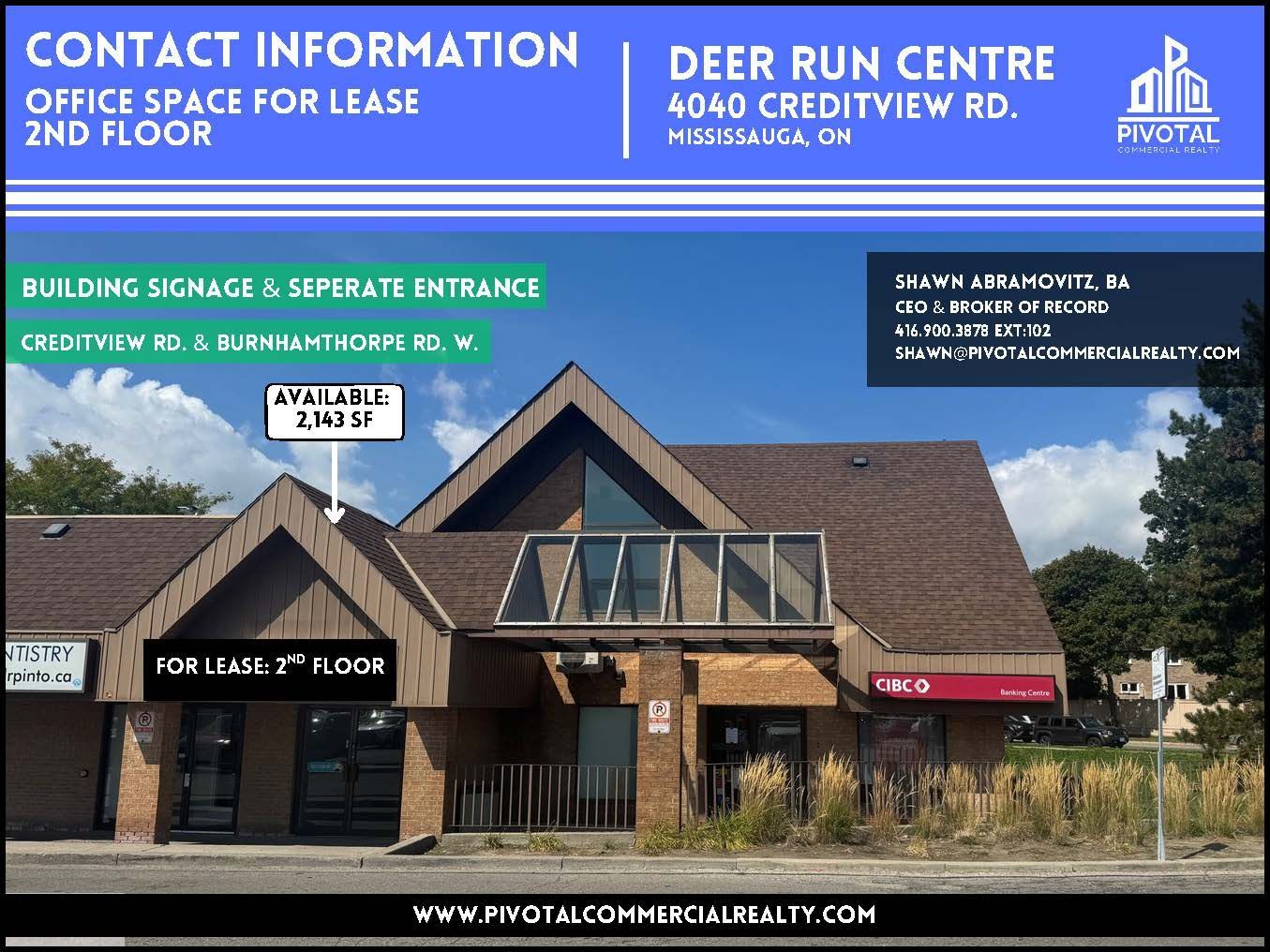 Commercial real estate flyer for 2nd-floor office space for lease at Deer Run Centre, 4040 Creditview Rd., Mississauga.