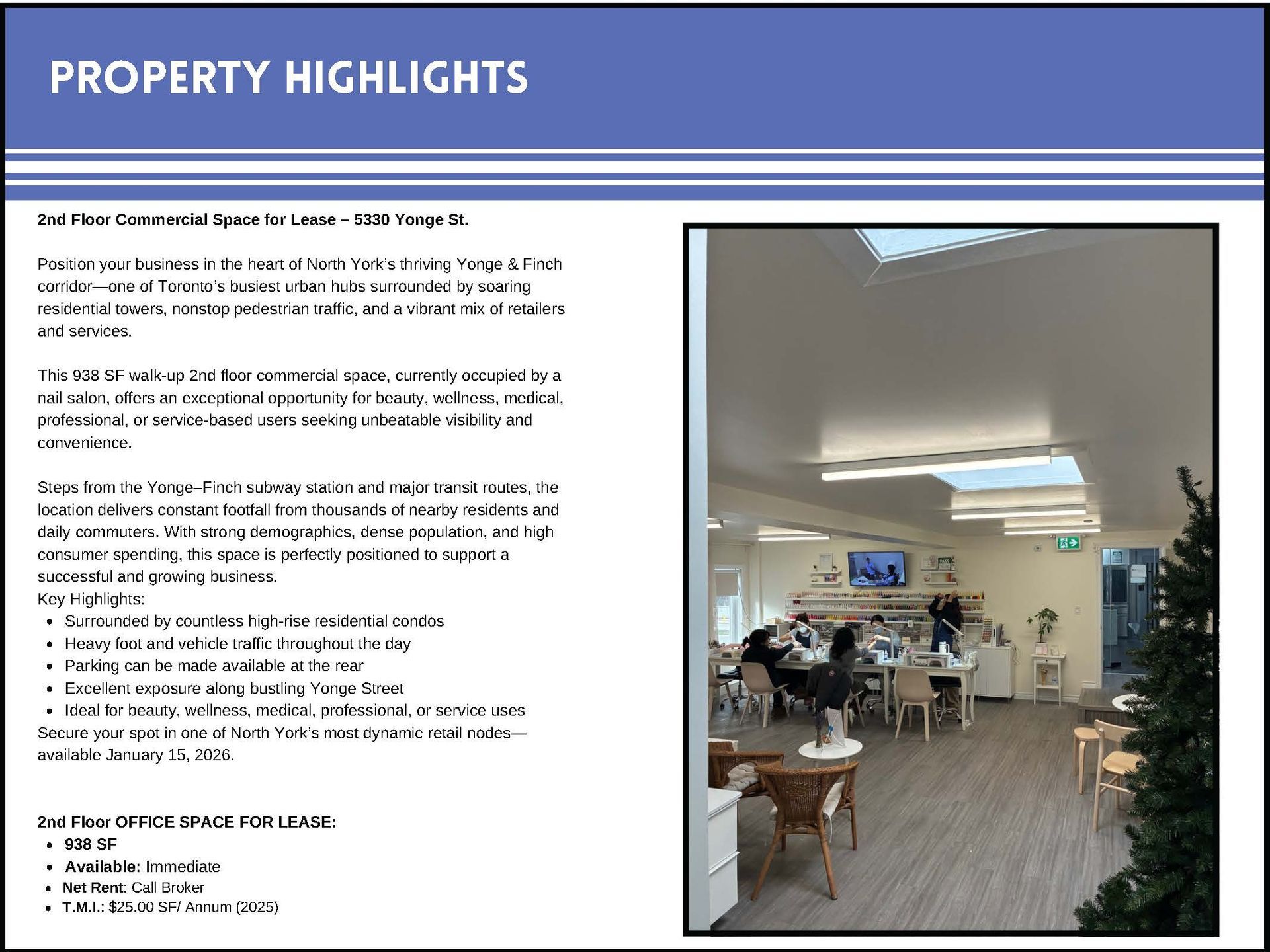 A brochure page for commercial office space featuring a bright, open interior office room with skylights and furniture.