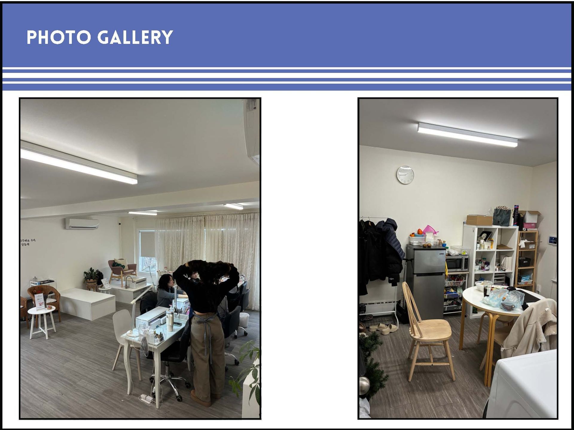 Two photos showing a brightly lit indoor workspace with tables, chairs, and shelving units for storage.