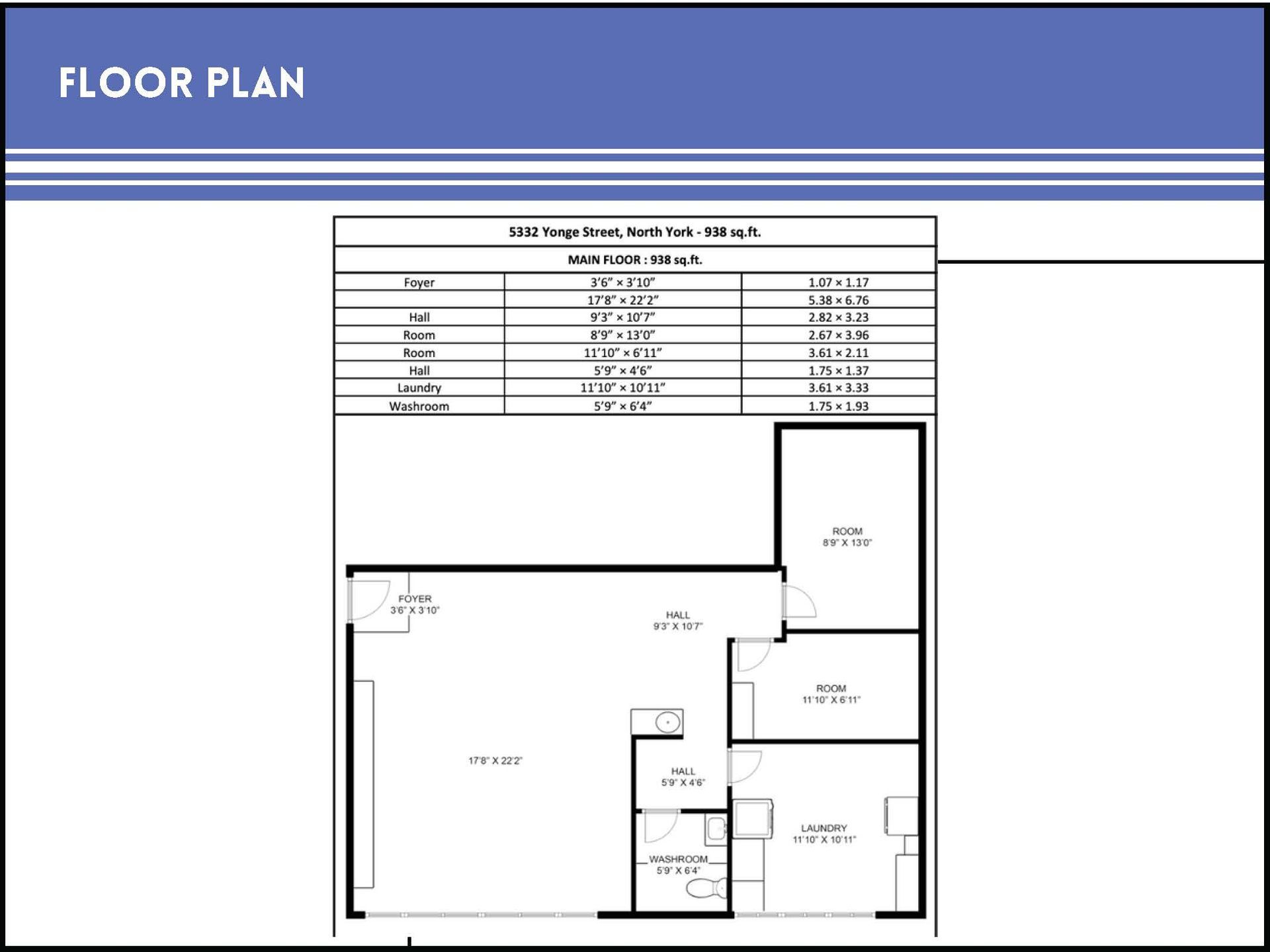 Floor plan diagram showing rooms, dimensions, and an area table for a residential unit.