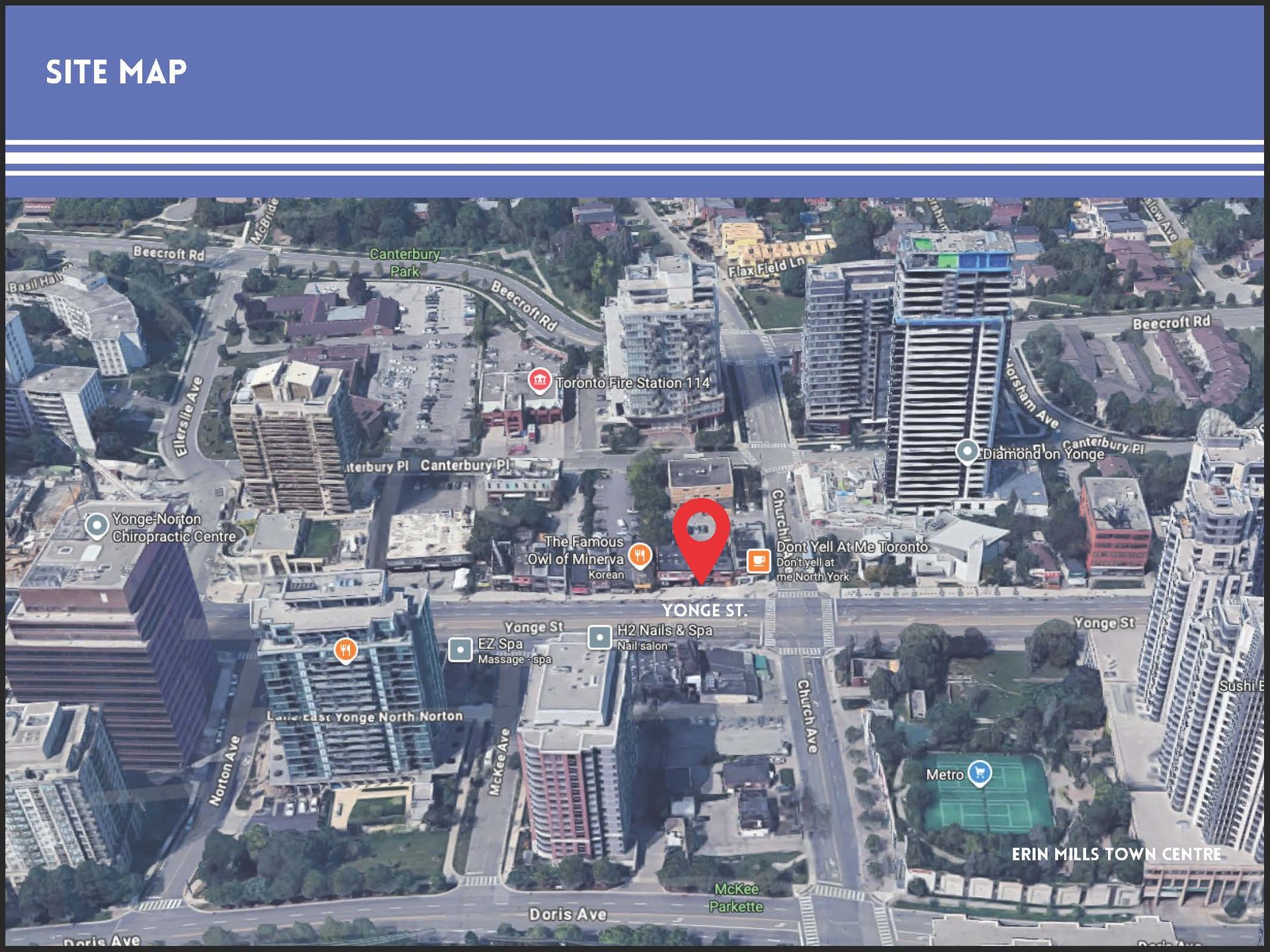 An aerial map view of an urban neighborhood, highlighting a property location with a red pin.