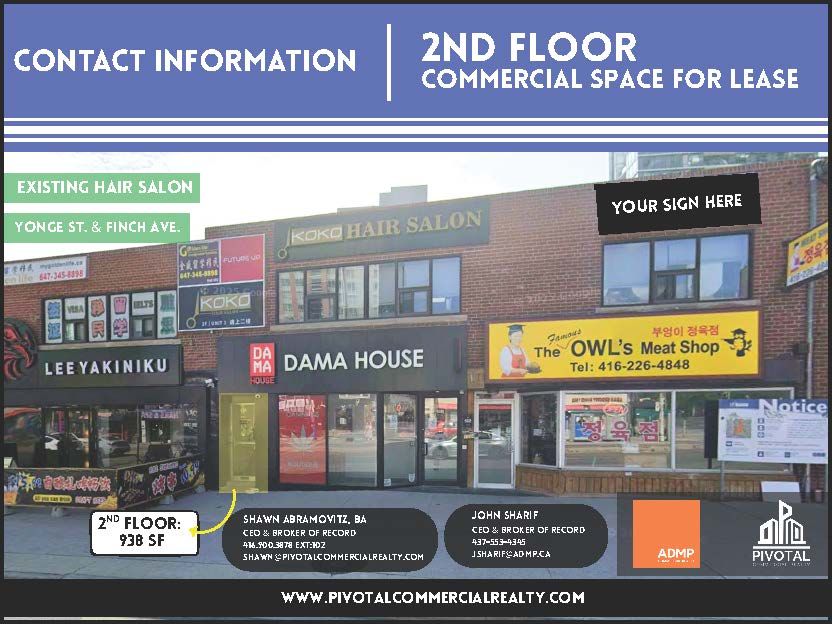 A real estate flyer for a second-floor commercial space for lease at Yonge St. and Finch Ave., featuring contact details.