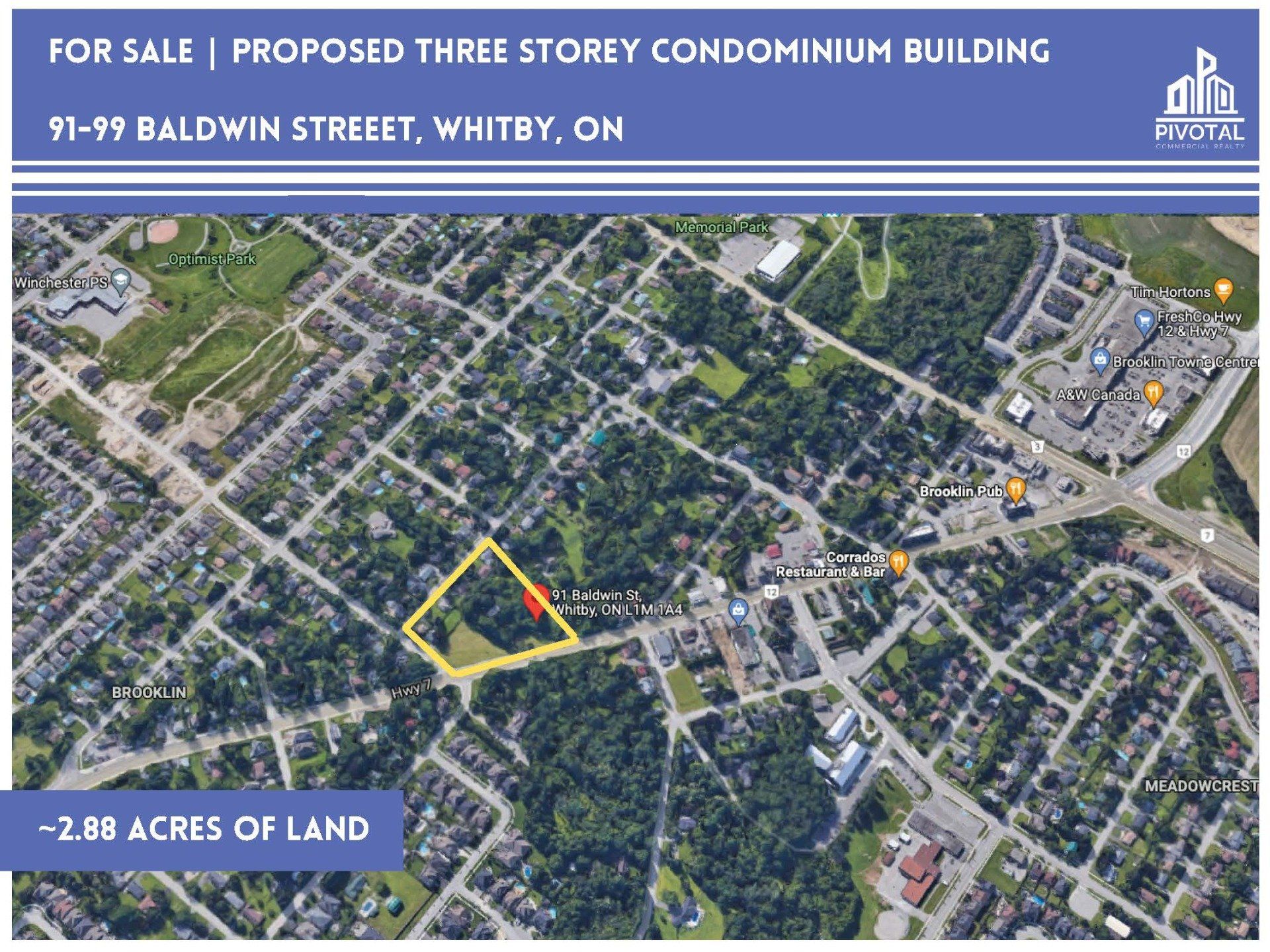 Aerial view of a 2.88-acre plot highlighted in yellow on Baldwin Street, Whitby, for a proposed three-storey condo.