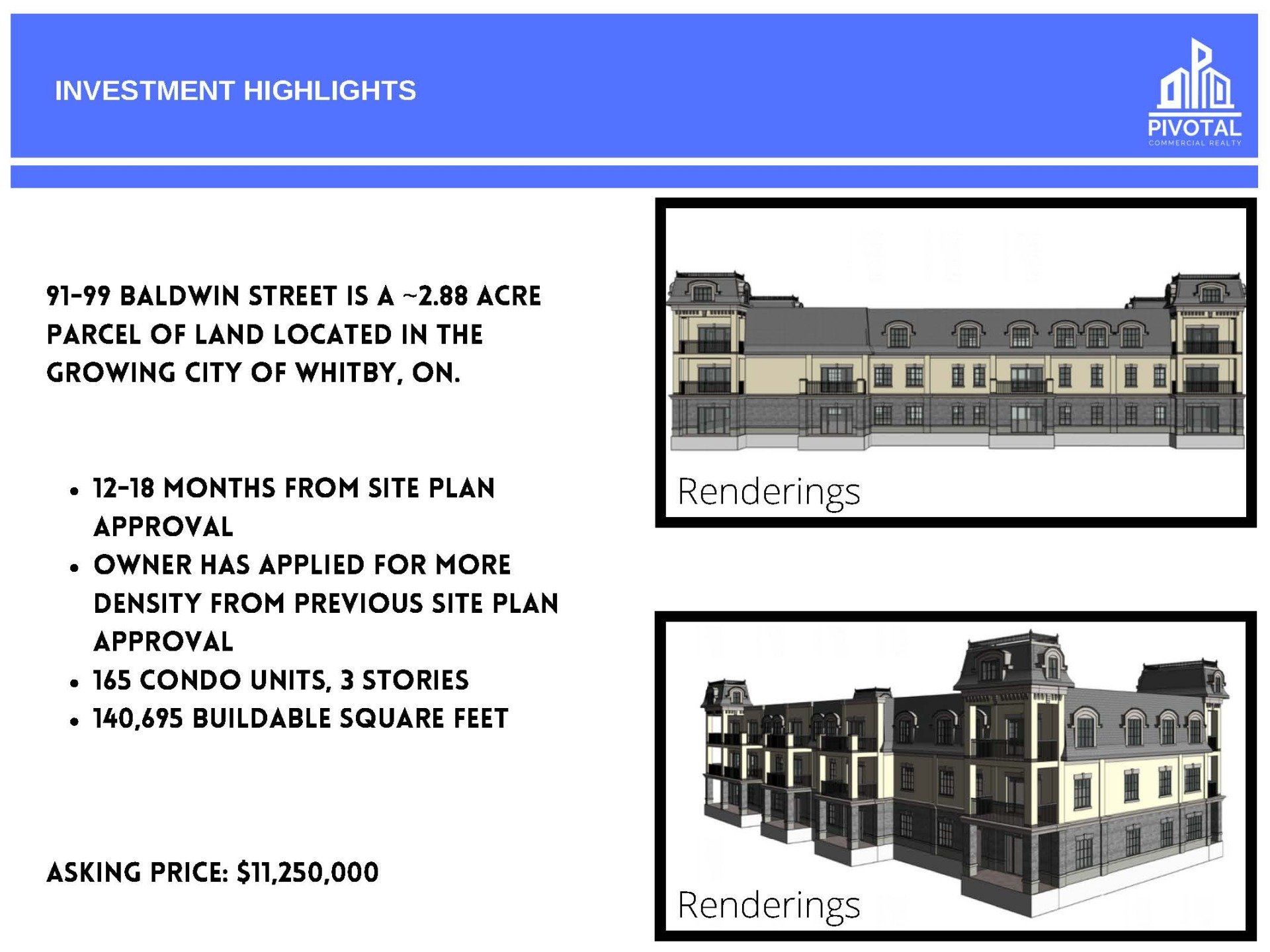 Investment highlights for a 2.88-acre condo development site at 91-99 Baldwin St, Whitby, priced at $11,250,000.