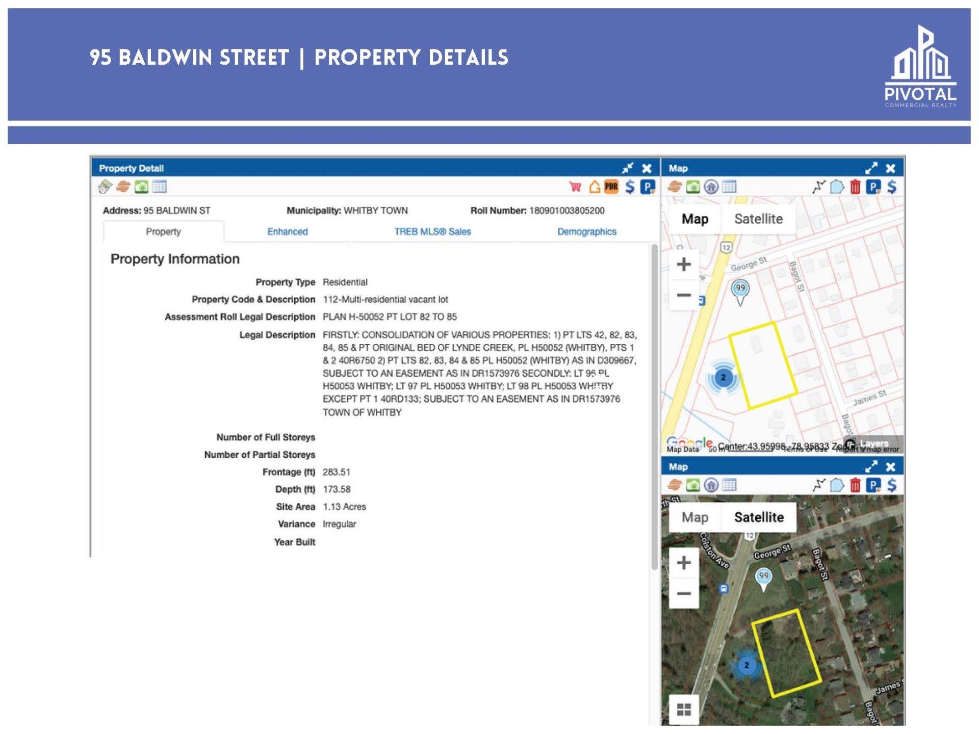 Property details report for 95 Baldwin Street, showing tax assessment information, lot dimensions, and site map views.