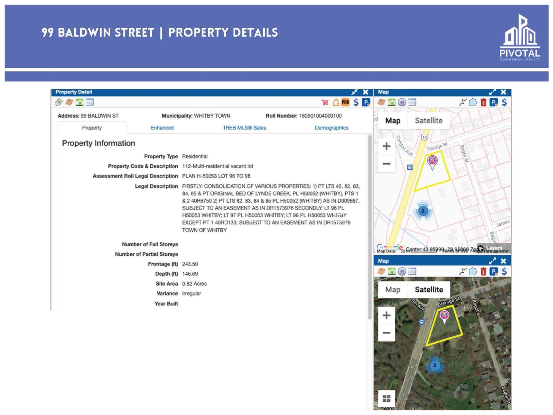 Property details for 77 Baldwin Street, including an assessment description, lot dimensions, and two map views.