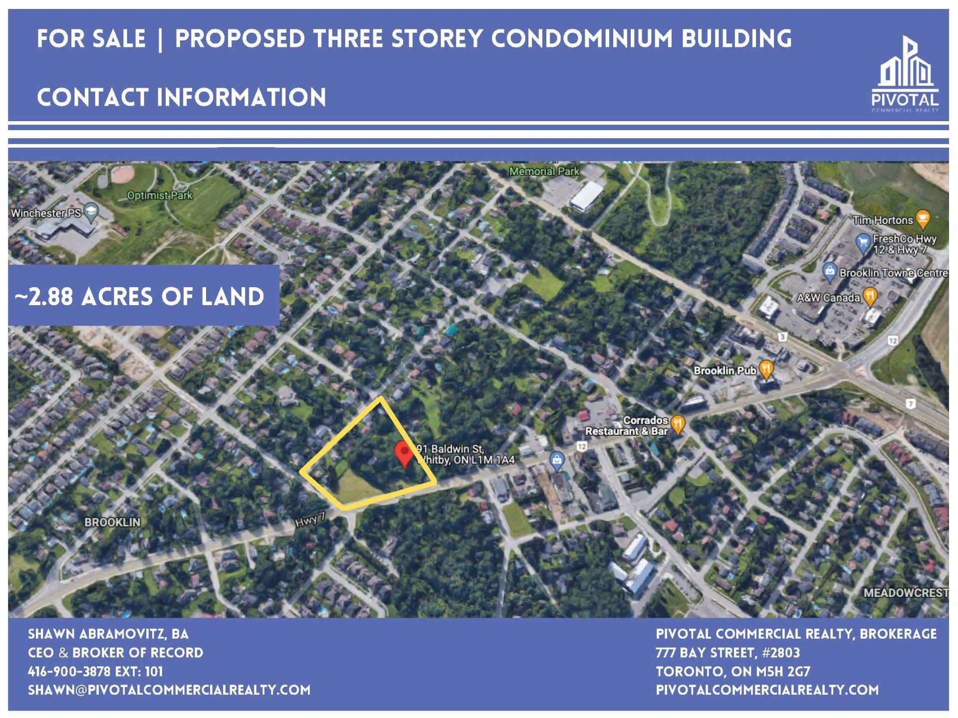 Aerial view of a 2.88-acre property for sale, marked in yellow, with text details for a proposed condo project.